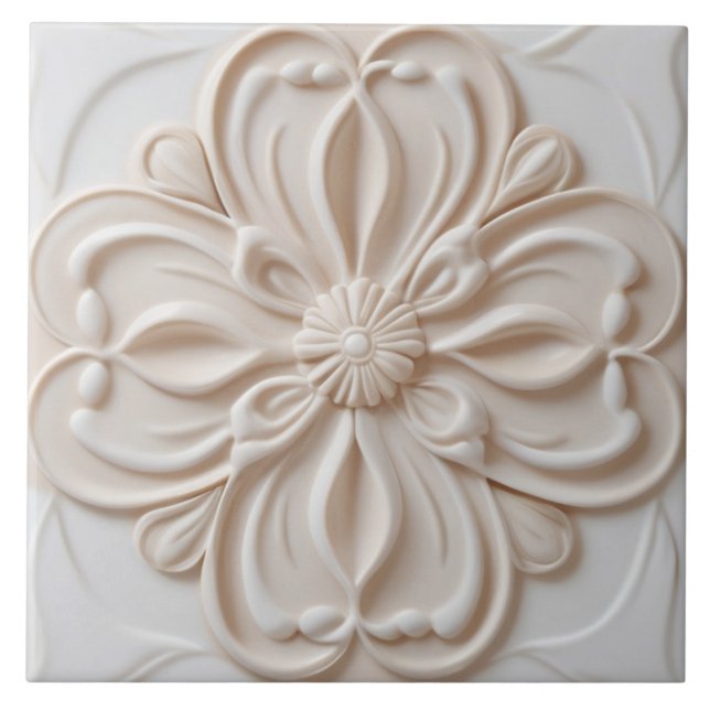 Faux Relief Pastel Beige & White Decorative Flower Tile (Front)