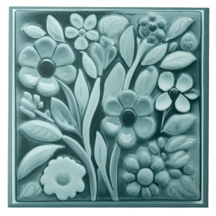 Faux Relief Turquoise Teal Floral Flowers Tile
