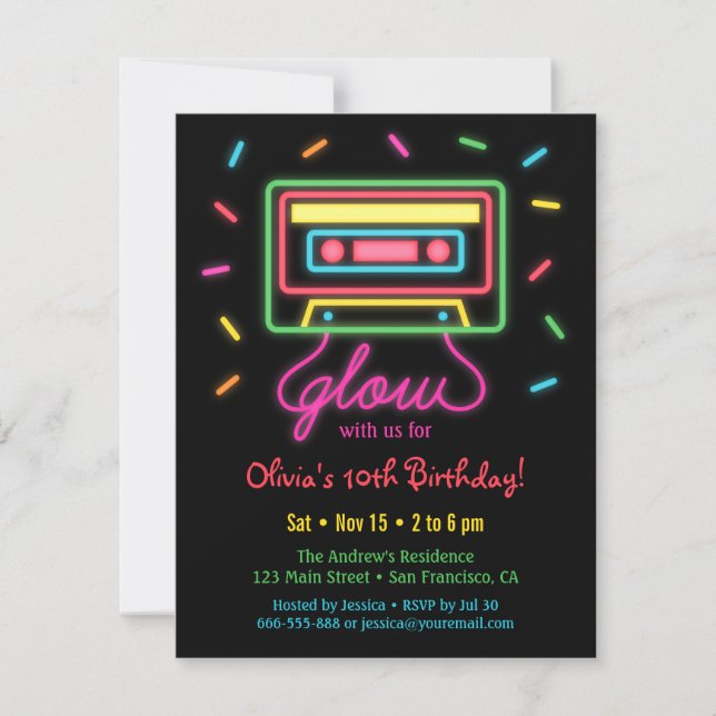 Faux Retro Cassette Neon Glow Birthday Party Invitation (Front)