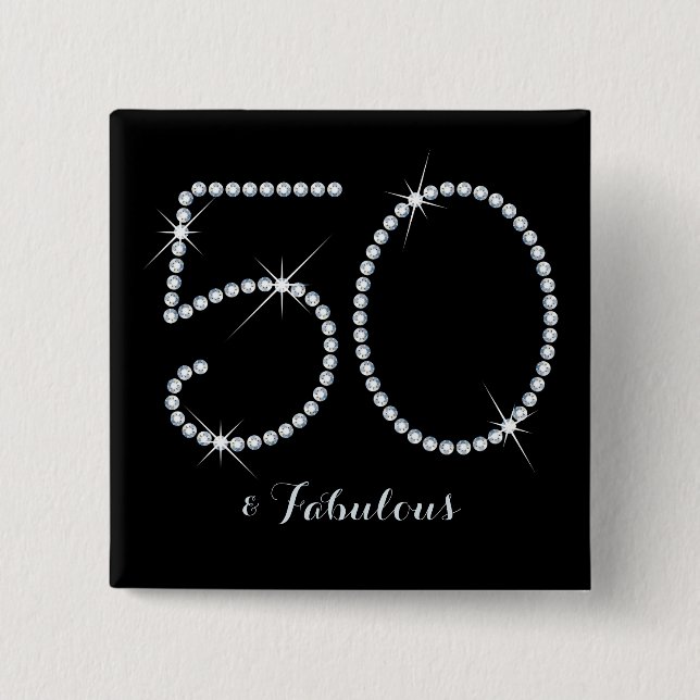 Faux Rhinestone 50th Birthday 2 Inch Square Button (Front)