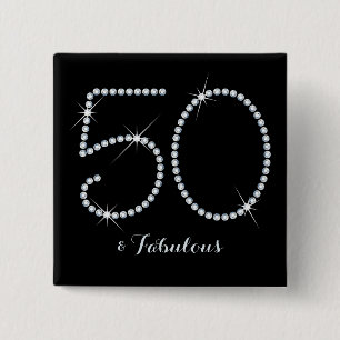 Faux Rhinestone 50th Birthday 2 Inch Square Button