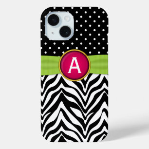 Faux Ribbon Jewel Zebra Dot Pattern Monogram iPhone 15 Case
