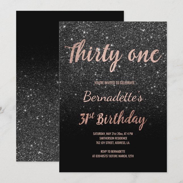 Faux rose gold black glitter 31st Birthday Invitation (Front/Back)