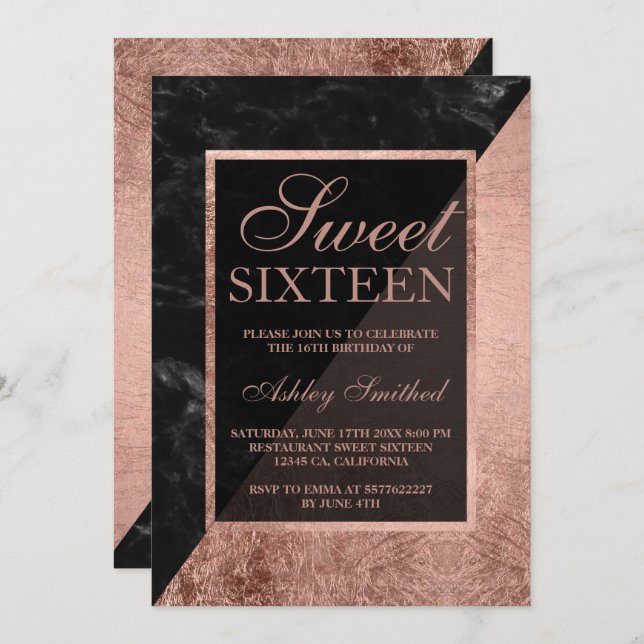 Faux rose gold black marble colour block Sweet 16 Invitation (Front/Back)