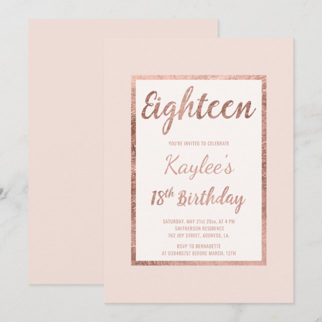 Faux rose gold blush pink elegant 18th Birthday Invitation (Front/Back)