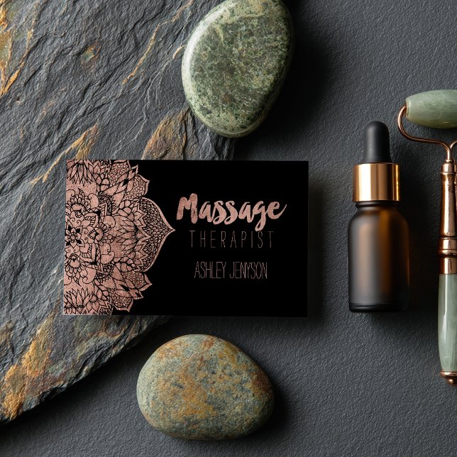 Faux rose gold boho floral mandala massage business card (Faux rose gold boho floral mandala massage business card)