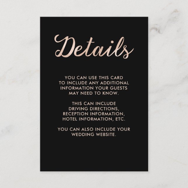 Faux Rose Gold Bokeh and Black Guest Details Enclosure Card (Front)