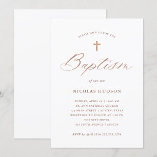 Faux Rose Gold Calligraphy and Cross Baptism Invitation