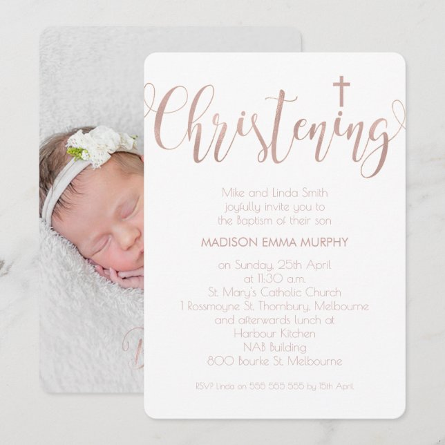 Faux Rose Gold Calligraphy Christening Invitation (Front/Back)
