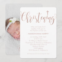 Faux Rose Gold Calligraphy Christening Invitation