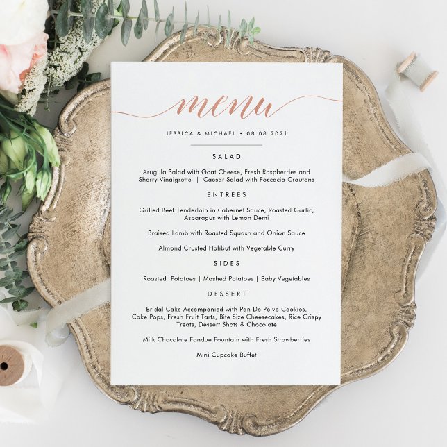 Faux Rose Gold Calligraphy Menu Flat Card (Creator Uploaded)