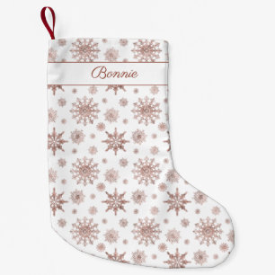 Faux Rose Gold Colour Looking Snowflakes & Name Small Christmas Stocking