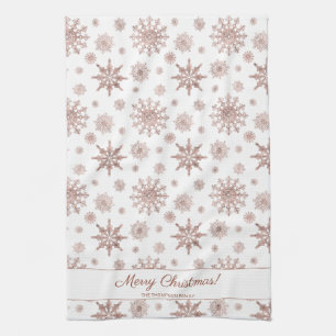 Faux Rose Gold Colour Looking Snowflakes & Text Kitchen Towel