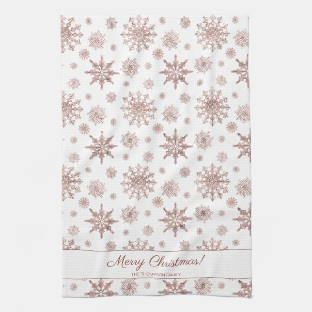 Faux Rose Gold Colour Looking Snowflakes & Text Kitchen Towel (Vertical)