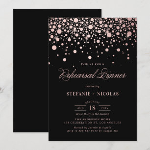 Faux Rose Gold Confetti Black Rehearsal Dinner II Invitation
