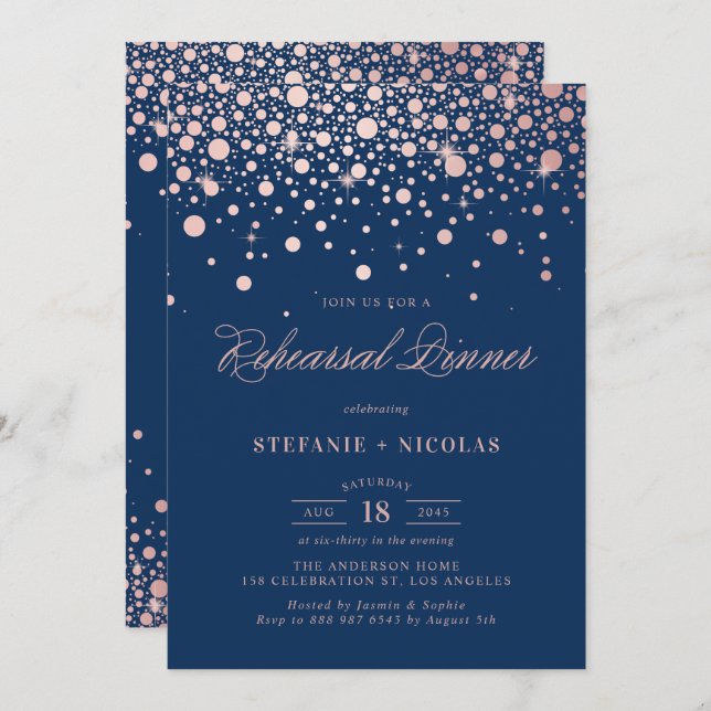 Faux Rose Gold Confetti | Blue Rehearsal Dinner Invitation (Front/Back)