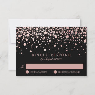 Faux Rose Gold Confetti Dots Black Wedding RSVP Card