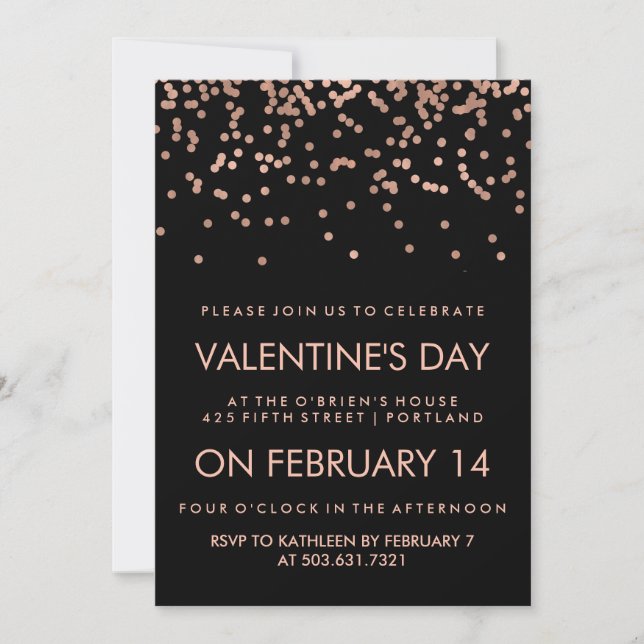 Faux Rose Gold Confetti on Black Valentine's Day Invitation (Front)