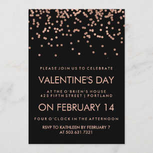 Faux Rose Gold Confetti on Black Valentine's Day Invitation
