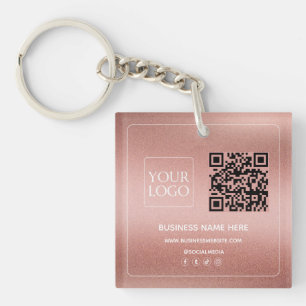 Faux Rose Gold   Custom QR Code Business Logo Keychain
