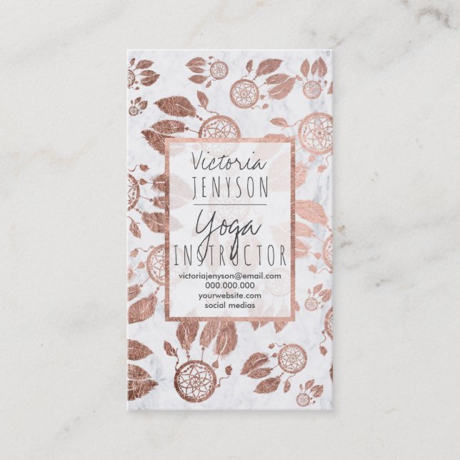 Faux rose gold dreamcatcher feathers marble yoga business card (Front)