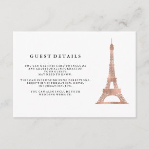 Faux Rose Gold Eiffel Tower Wedding Guest Details Enclosure Card