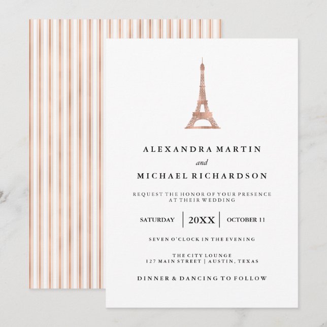 Faux Rose Gold Elegant Eiffel Tower Wedding Invitation (Front/Back)