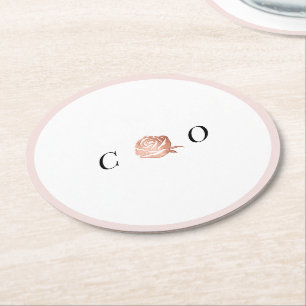 Faux rose gold floral minimalist monogram round paper coaster