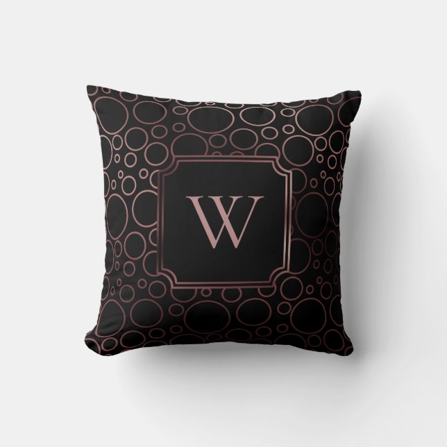 Faux Rose Gold Foil and Black Bubbles w/ Monogram Throw Pillow (Front)