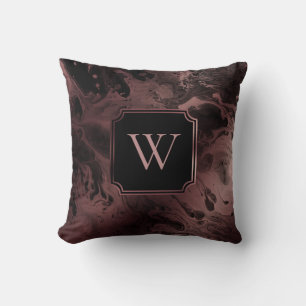 Faux Rose Gold Foil and Black Marble w/ Monogram Throw Pillow