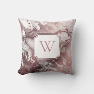 Faux Rose Gold Foil and White Marble with Monogram Throw Pillow