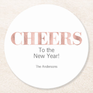 Faux Rose Gold Foil Cheers New Year's Round Paper Coaster
