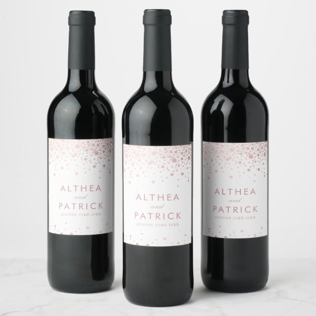 Faux Rose Gold Foil Confetti Dots Modern Wedding Wine Label (Bottles)