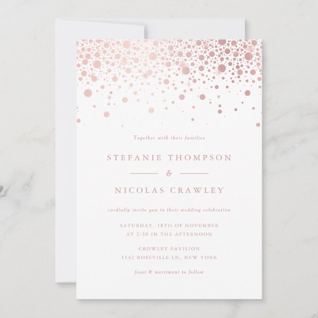Faux Rose Gold Foil Confetti Dots Wedding Invitation (Front)