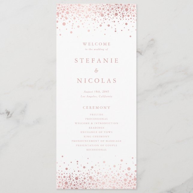 Faux Rose Gold Foil Confetti Dots Wedding Program (Front)