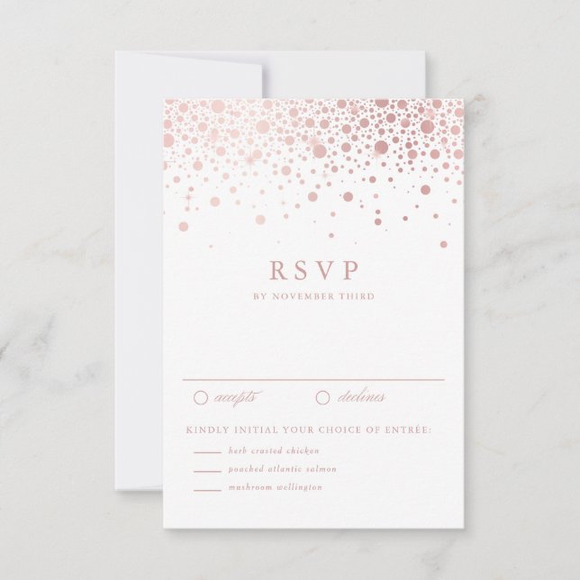 Faux Rose Gold Foil Confetti Dots Wedding RSVP (Front)