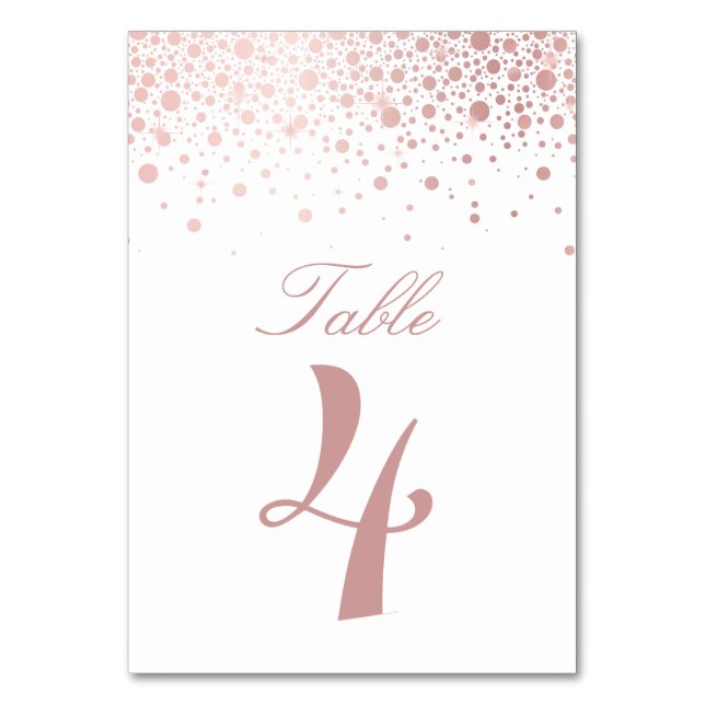 Faux Rose Gold Foil Confetti Dots Wedding Table Number (Front)