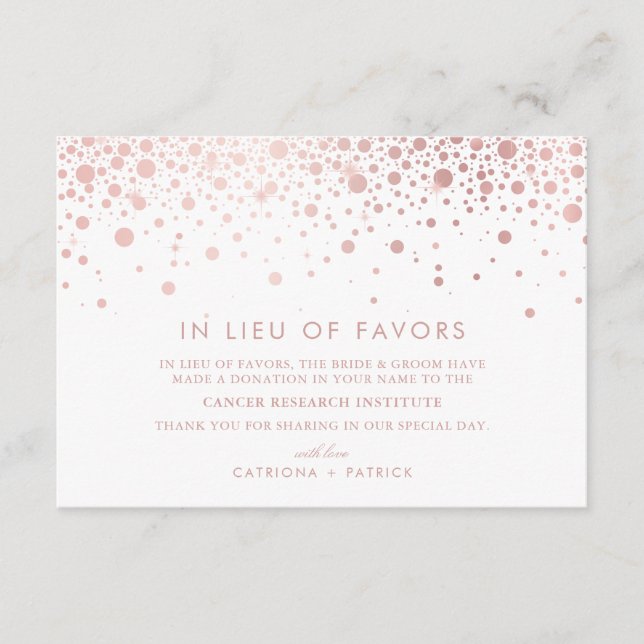 Faux Rose Gold Foil Confetti In Lieu of Favours Enclosure Card (Front)