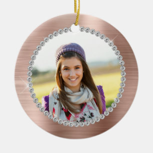 Faux Rose Gold Foil Family Photo Monogram Ceramic Ornament