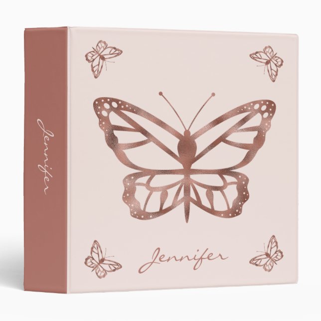 Faux Rose Gold Foil Look Butterfly & Custom Text Binder (Front/Spine)