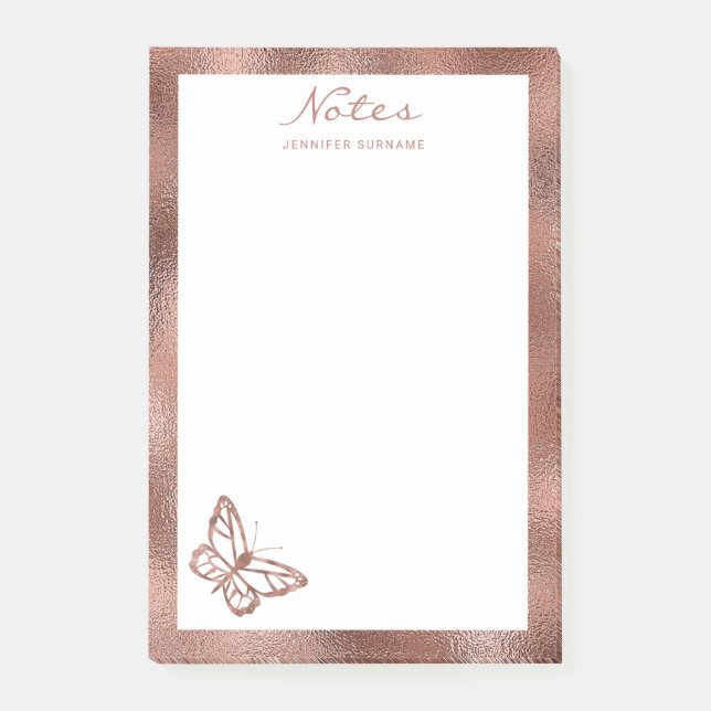 Faux Rose Gold Foil Look Butterfly & Custom Text Post-it Notes (Front)