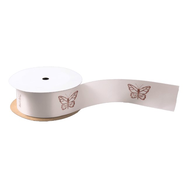 Faux Rose Gold Foil Look-like Butterfly On Pink Satin Ribbon (Spool)