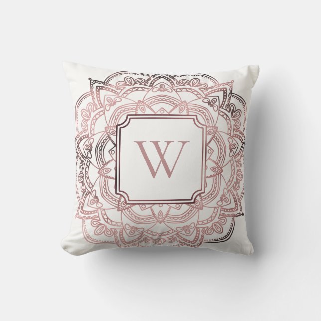 Faux Rose Gold Foil Mandala w/ Monogram on White Throw Pillow (Front)