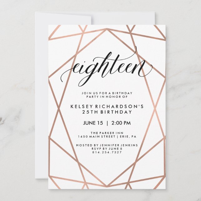 Faux Rose Gold Geometric | 18th Birthday Party Invitation (Front)
