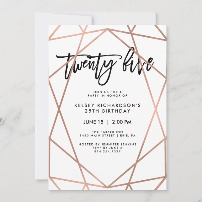 Faux Rose Gold Geometric | 25th Birthday Party Invitation (Front)