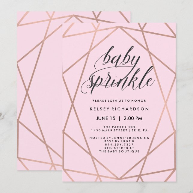Faux Rose Gold Geometric Blush Pink Baby Sprinkle Invitation (Front/Back)