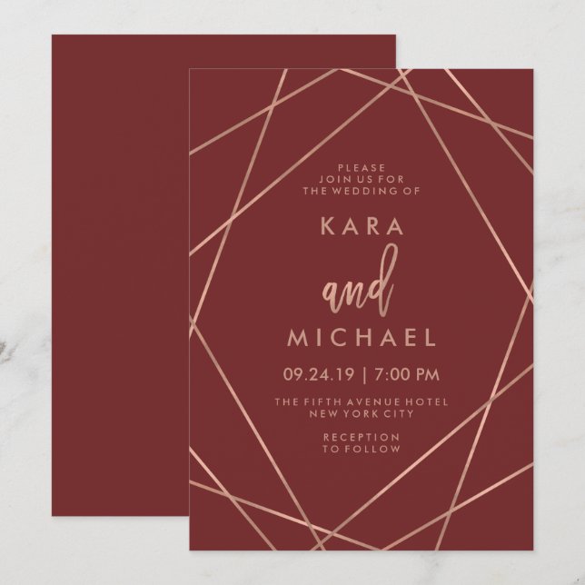 Faux Rose Gold Geometric | Burgundy Wedding Invitation (Front/Back)