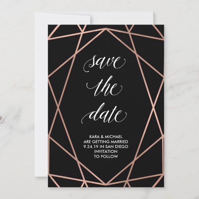Faux Rose Gold Geometric on Black | Save the Date (Front)