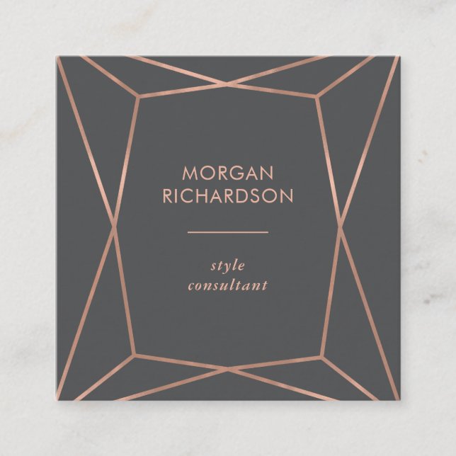 Faux Rose Gold Geometric on Charcoal Grey Square Business Card (Front)