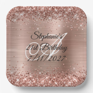 Faux Rose Gold Glitter and Foil 21st Birthday Paper Plate
